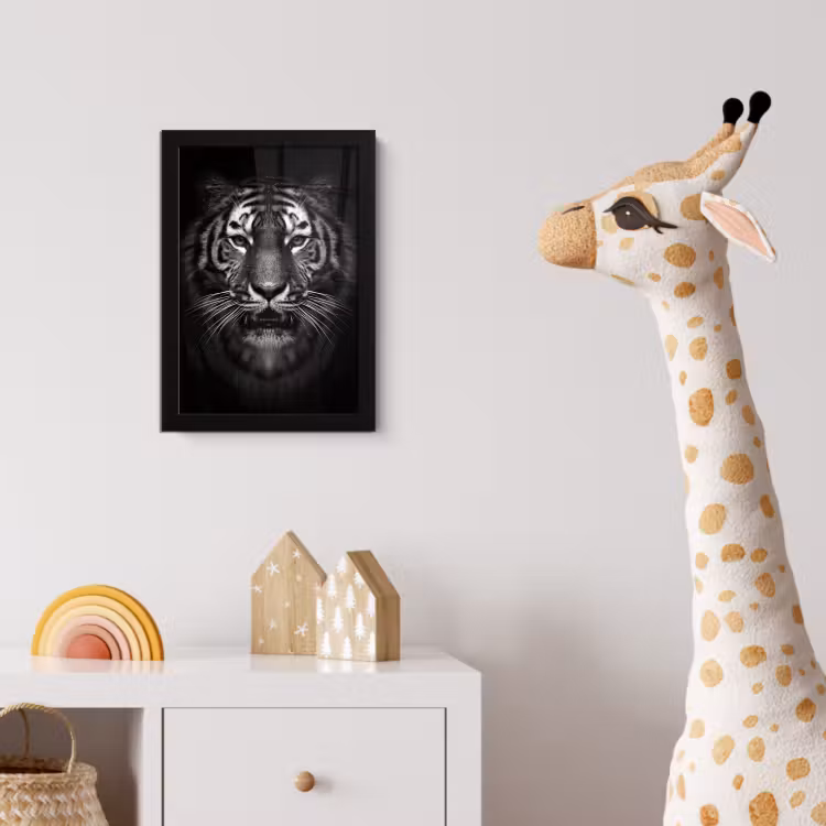 Tijger - Dieren - Zwart - Wit - Portret - Wild fotolijst zwart zonder passe partout klein -usfeer4_kinderkamer