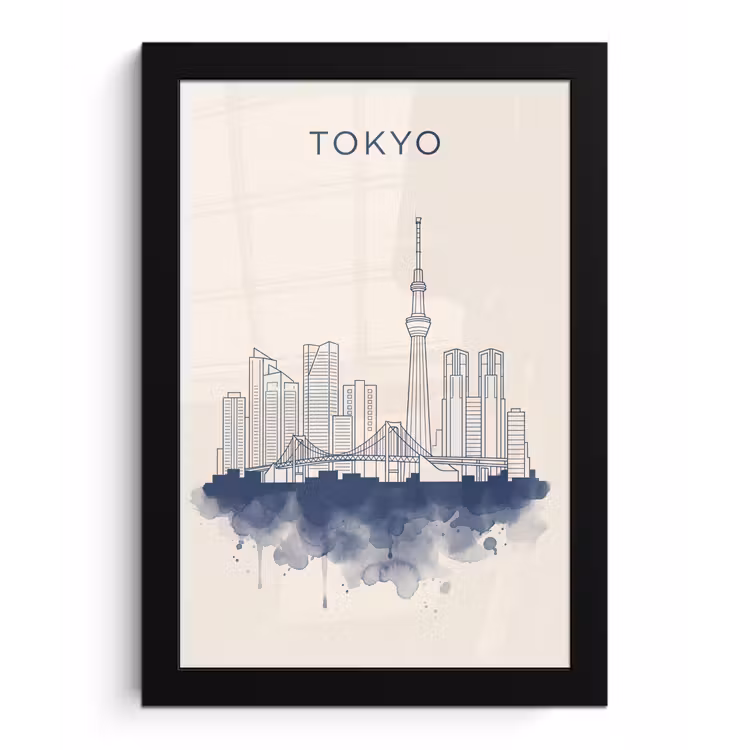 Tokyo - Skyline - Stad - Abstract - Blauw fotolijst zwart zonder passe partout klein -3d