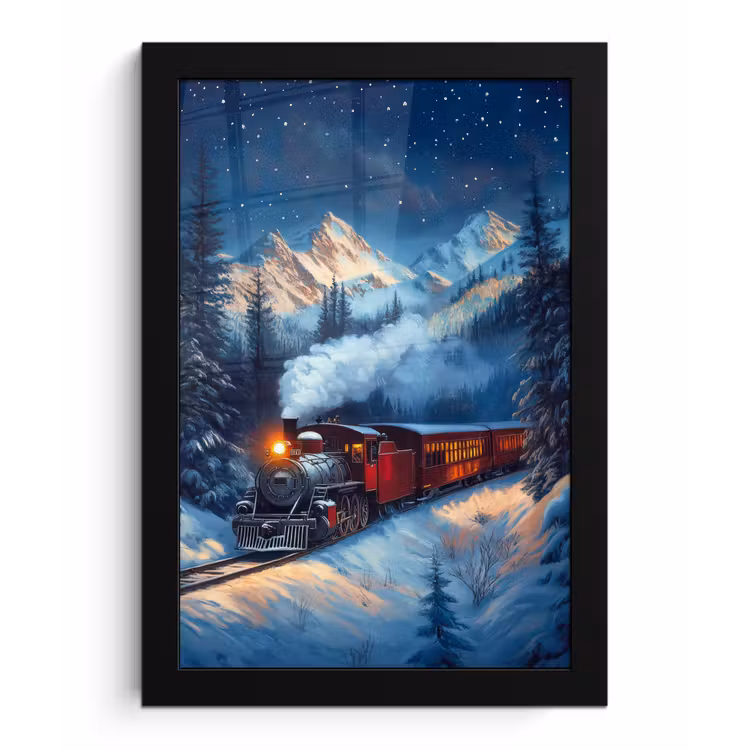 Trein - Kerst - Sneeuw - Kersttrein fotolijst zwart zonder passe partout klein -3d