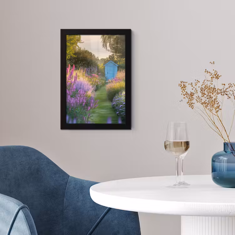 Tuinhuisje - Blauw - Bloemen fotolijst zwart zonder passe partout klein -sfeer4
