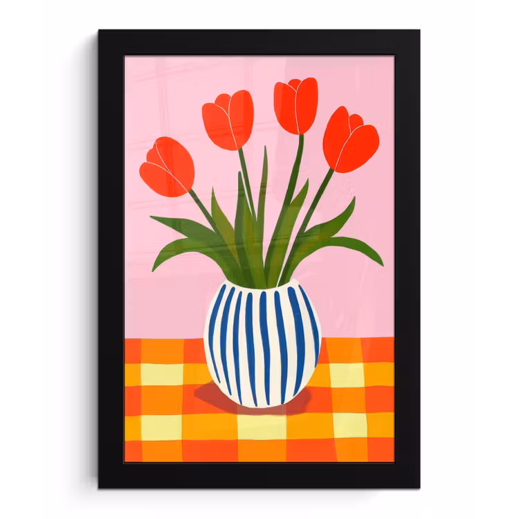 Tulpen - Roze - Vaas fotolijst zwart zonder passe partout klein -3d