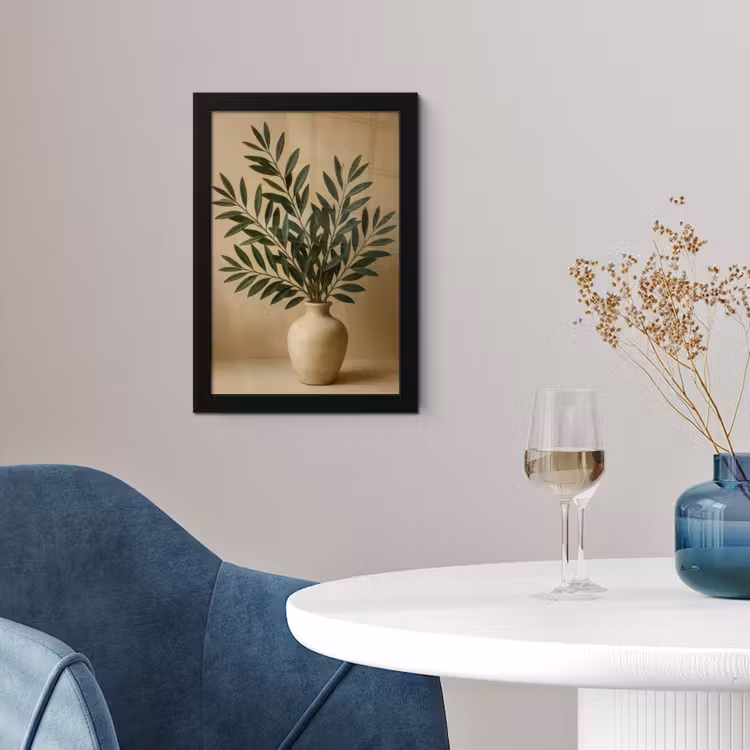 Vaas - Olijftakken - Bladeren - Beige fotolijst zwart zonder passe partout klein -sfeer4