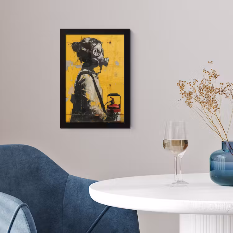Vintage - Street art - Meisje - Masker - Geel - Banksy fotolijst zwart zonder passe partout klein -sfeer4