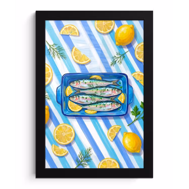 Vis - Citroen - Kruiden - Eten - Blauw fotolijst zwart zonder passe partout klein -3d