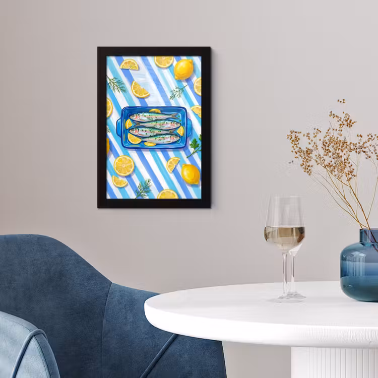 Vis - Citroen - Kruiden - Eten - Blauw fotolijst zwart zonder passe partout klein -sfeer4