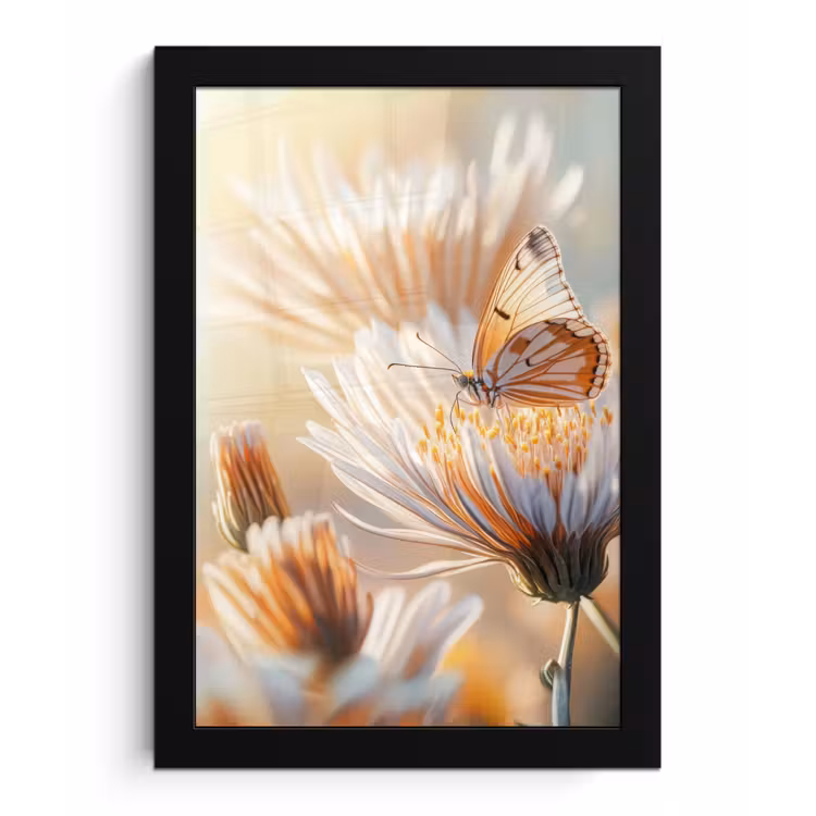 Vlinder - Bloem - Oranje fotolijst zwart zonder passe partout klein -3d