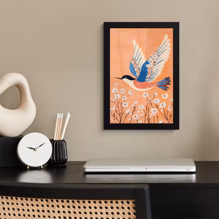 Vogel - Bloesemtakken - Warm - Kleurrijk fotolijst zwart zonder passe partout klein -sfeer1