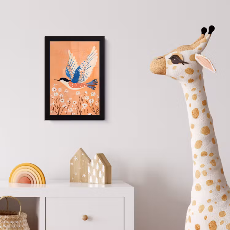 Vogel - Bloesemtakken - Warm - Kleurrijk fotolijst zwart zonder passe partout klein -usfeer4_kinderkamer
