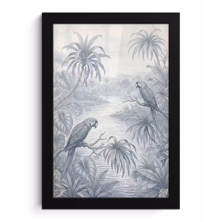 Vogel - Rivier - Tropisch - Illustratie - Blauw fotolijst zwart zonder passe partout klein -3d