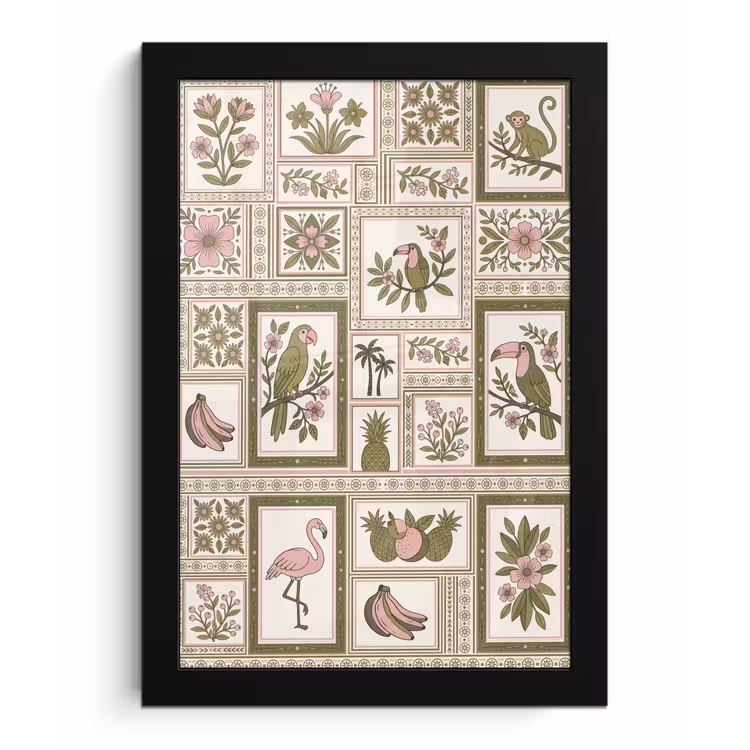 Vogel - Tropisch - Patroon - Decoratief - Groen fotolijst zwart zonder passe partout klein -3d