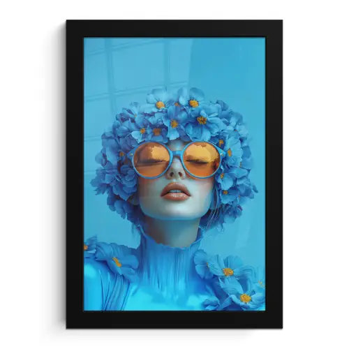 Vrouw - Bloem - Blauw - Modern - Bril - Portret fotolijst zwart zonder passe partout klein -3d
