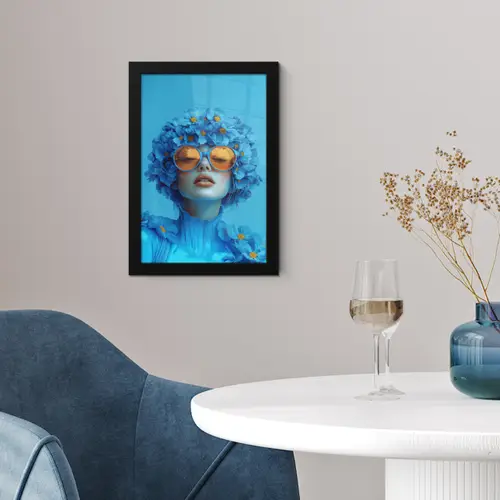 Vrouw - Bloem - Blauw - Modern - Bril - Portret fotolijst zwart zonder passe partout klein -sfeer4