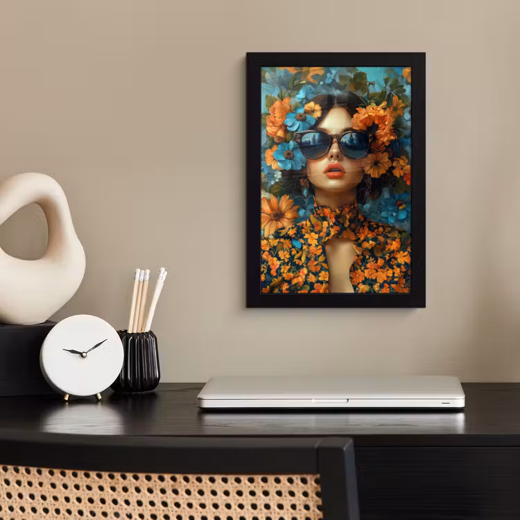 Vrouw - Bloemen - Oranje - Blauw - Modern fotolijst zwart zonder passe partout klein -sfeer1