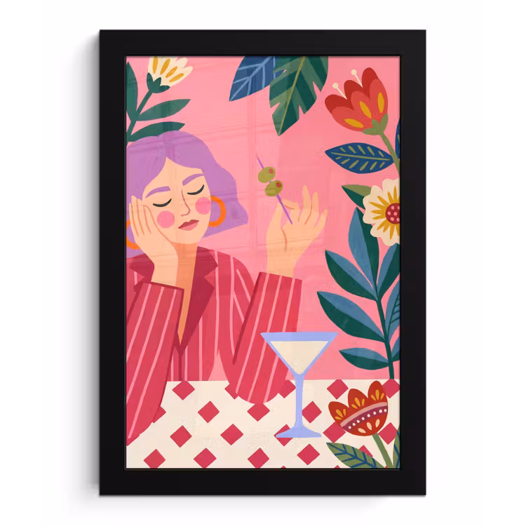 Vrouw - Cocktail - Bloemen - Modern - Roze fotolijst zwart zonder passe partout klein -3d
