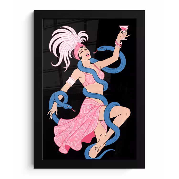 Vrouw - Danseres - Slangen - Art Deco - Roze fotolijst zwart zonder passe partout klein -3d