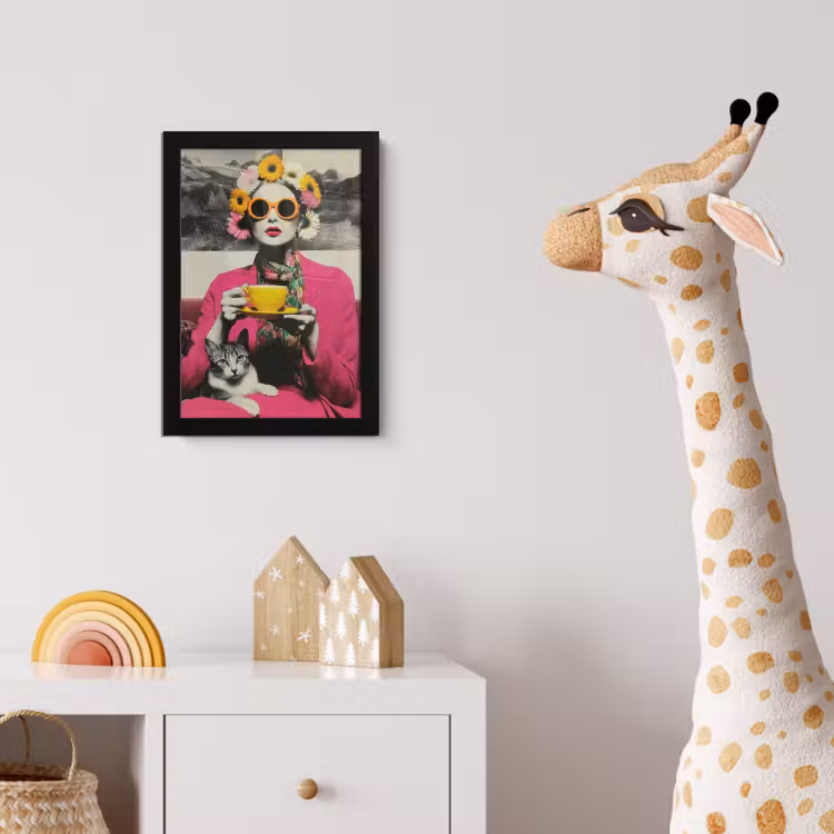 Vrouw - Kat - Bloemen - Kopje - Retro fotolijst zwart zonder passe partout klein -usfeer4_kinderkamer