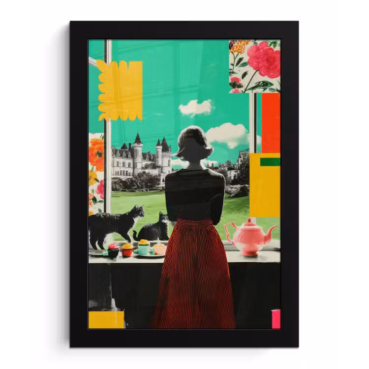 Vrouw - Keuken - Katten - Doorkijk fotolijst zwart zonder passe partout klein -3d