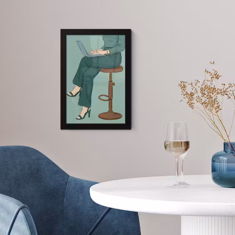 Vrouw - Laptop - Zittend - Illustratie - Groen fotolijst zwart zonder passe partout klein -sfeer4