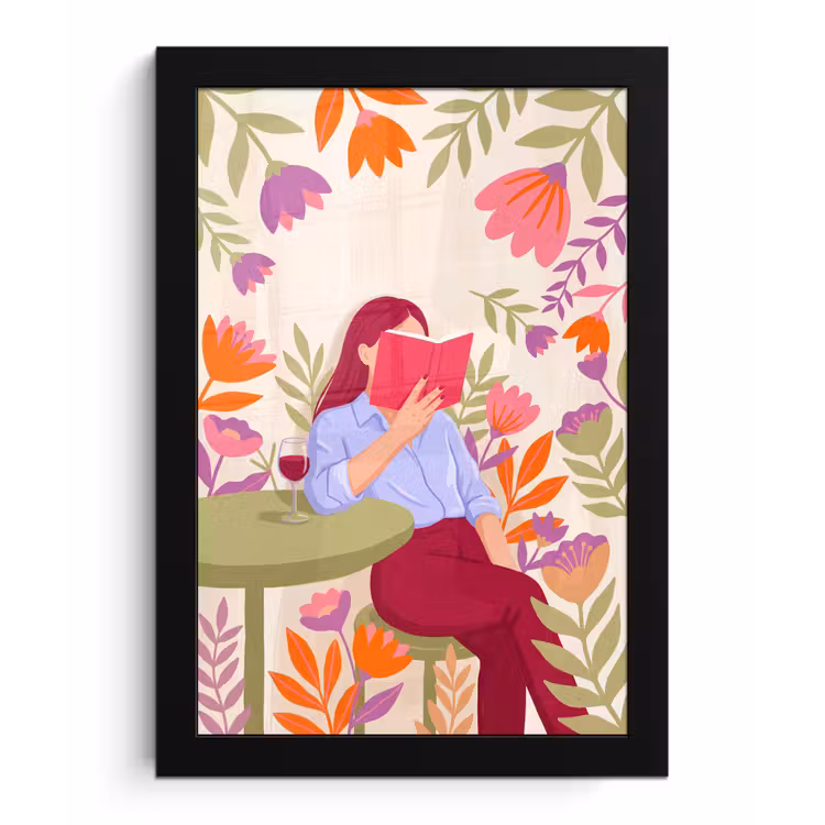 Vrouw - Lezen - Thuis - Modern - Bloemen fotolijst zwart zonder passe partout klein -3d