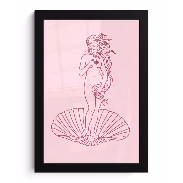 Vrouw - Schelp - Kunst - Lijntekening - Roze fotolijst zwart zonder passe partout klein -3d
