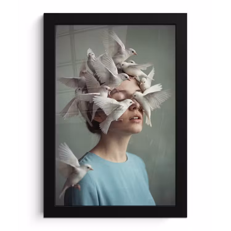 Vrouw - Vogels - Abstract - Modern - Wit fotolijst zwart zonder passe partout klein -3d