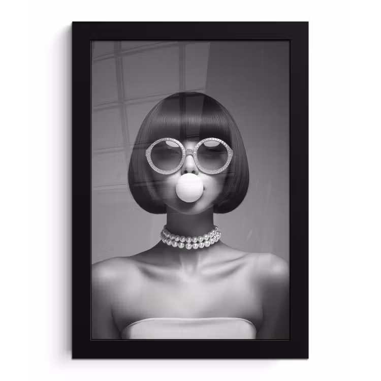 Vrouw - Zwart Wit - Ketting - Zonnebril fotolijst zwart zonder passe partout klein -3d