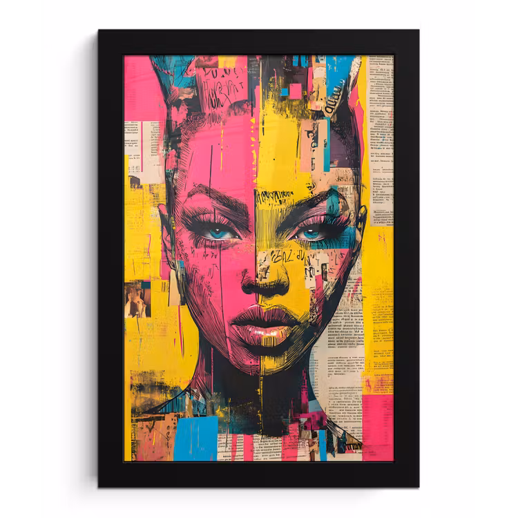 Vrouwengezicht - Krantenpapier - Abstract - Roze fotolijst zwart zonder passe partout klein -3d