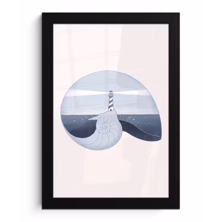 Vuurtoren - Zee - Schelp - Abstract - Blauw fotolijst zwart zonder passe partout klein -3d