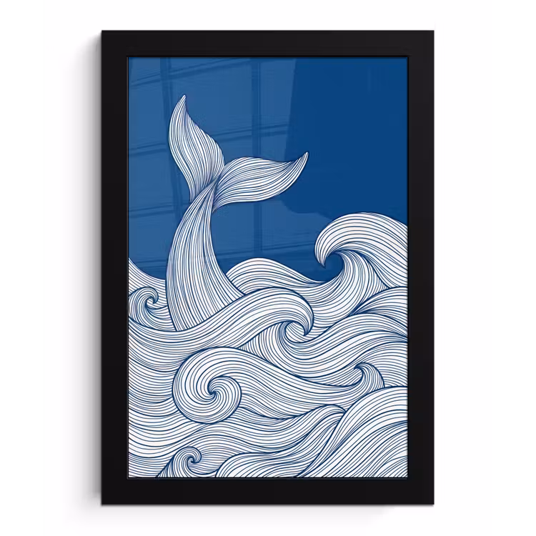 Walvis - Staart - Golven - Lijntekening - Blauw fotolijst zwart zonder passe partout klein -3d