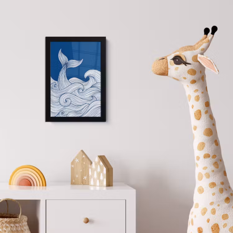 Walvis - Staart - Golven - Lijntekening - Blauw fotolijst zwart zonder passe partout klein -usfeer4_kinderkamer