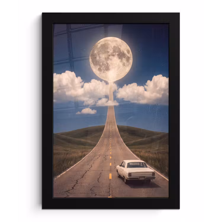 Poster met lijst - Weg - Maan - Nacht - Weg - Maan - Nacht fotolijst zwart zonder passe partout klein