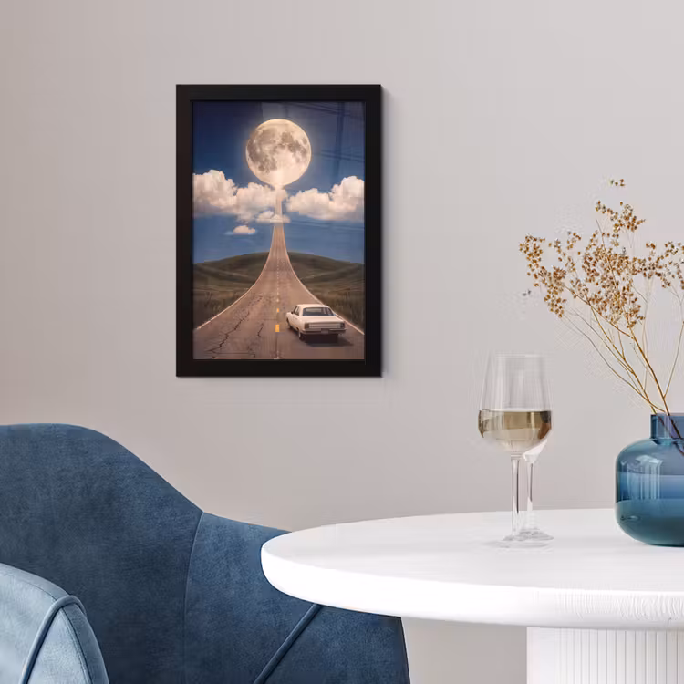 Poster met lijst - Weg - Maan - Nacht - Weg - Maan - Nacht fotolijst zwart zonder passe partout klein