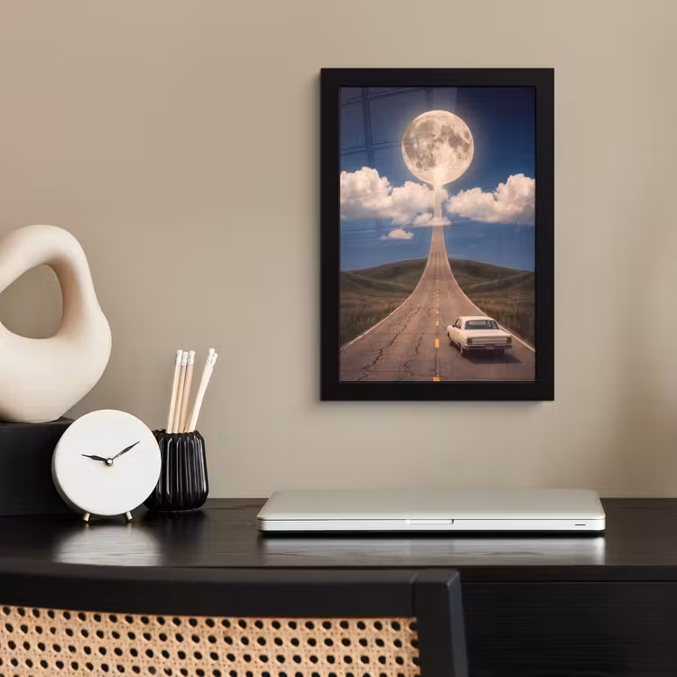 Poster met lijst - Weg - Maan - Nacht - Weg - Maan - Nacht fotolijst zwart zonder passe partout klein