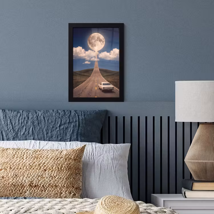 Poster met lijst - Weg - Maan - Nacht - Weg - Maan - Nacht fotolijst zwart zonder passe partout klein