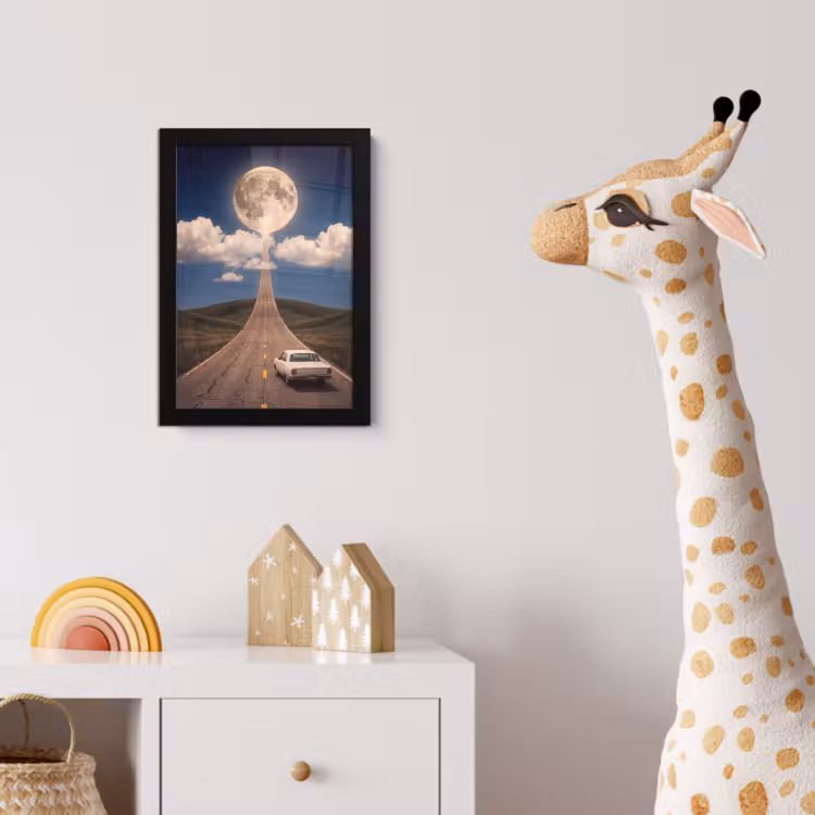 Poster met lijst - Weg - Maan - Nacht - Weg - Maan - Nacht fotolijst zwart zonder passe partout klein