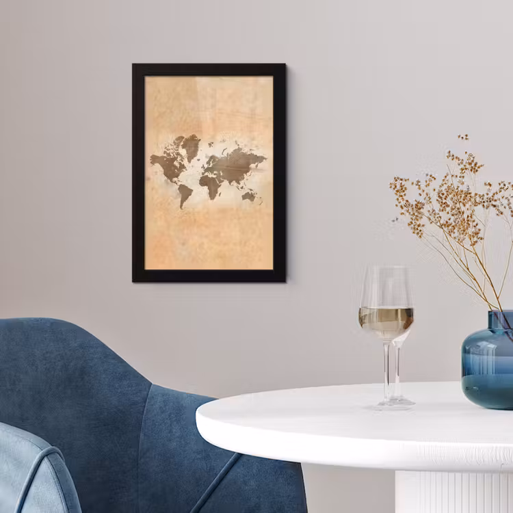 Wereldkaart - Beige - Bruin fotolijst zwart zonder passe partout klein -sfeer4