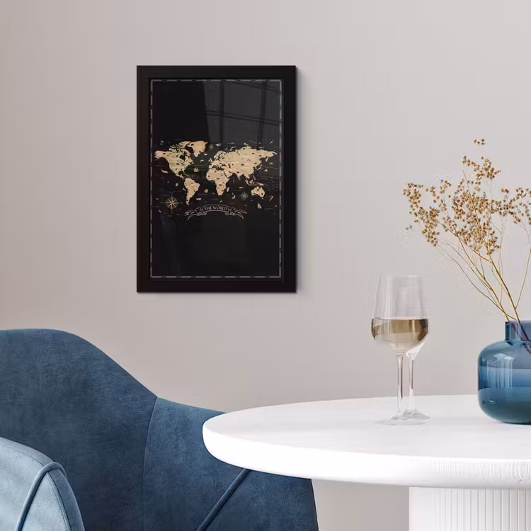 Wereldkaart - Beige - Zwart fotolijst zwart zonder passe partout klein -sfeer4