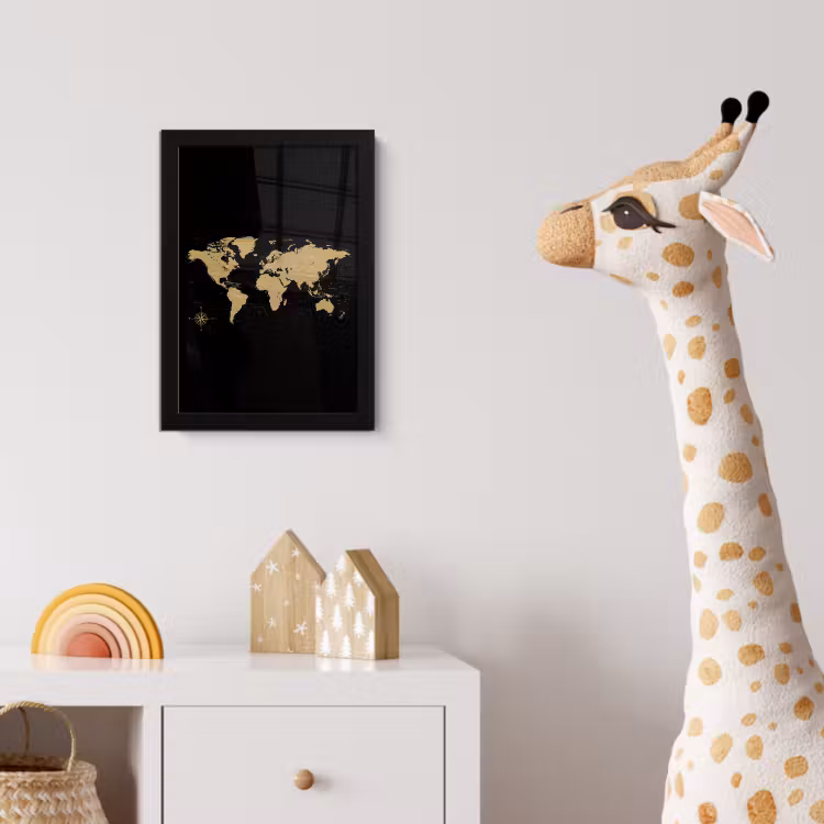 Wereldkaart - Beige - Zwart fotolijst zwart zonder passe partout klein -usfeer4_kinderkamer