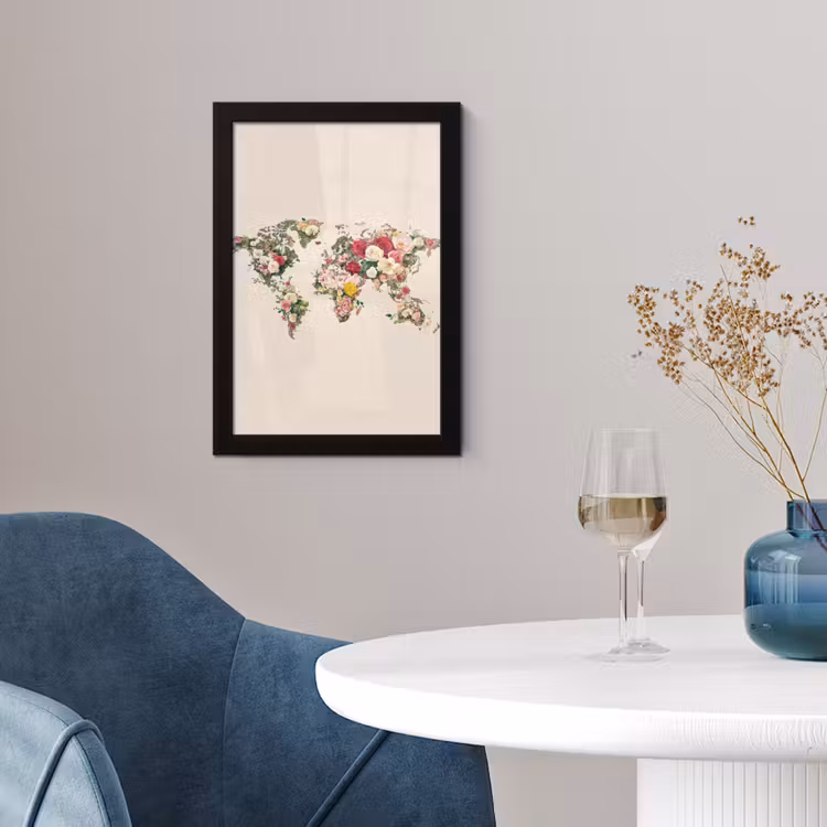 Wereldkaart - Bloemen - Roze fotolijst zwart zonder passe partout klein -sfeer4