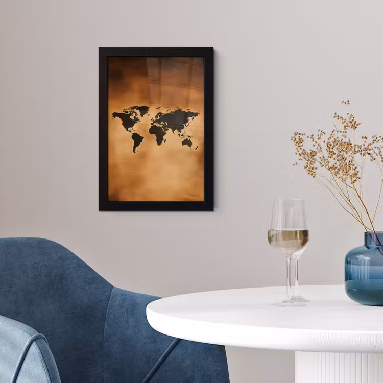 Wereldkaart - Bruin - Kaart fotolijst zwart zonder passe partout klein -sfeer4