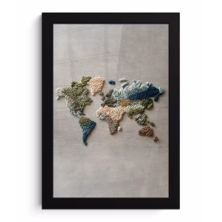 Wereldkaart - Geborduurd - Aardetinten fotolijst zwart zonder passe partout klein -3d