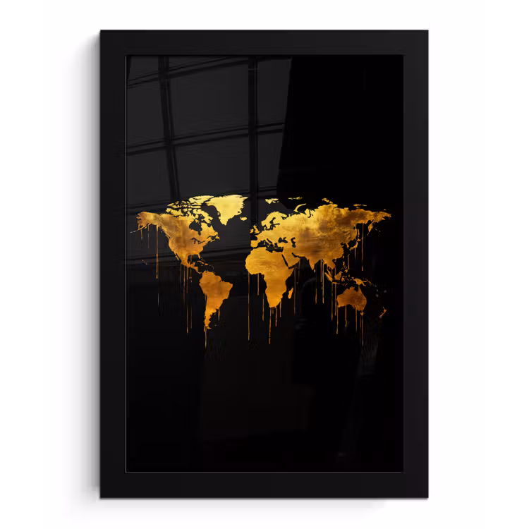 Wereldkaart - Goud - Druipen - Zwart fotolijst zwart zonder passe partout klein -3d