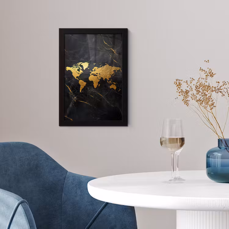 Wereldkaart - Goud - Marmer fotolijst zwart zonder passe partout klein -sfeer4