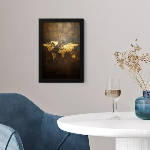 Wereldkaart - Goud - Roest fotolijst zwart zonder passe partout klein -sfeer4