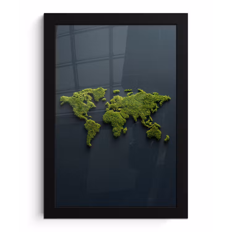 Wereldkaart - Mos -Levendig effect fotolijst zwart zonder passe partout klein -3d