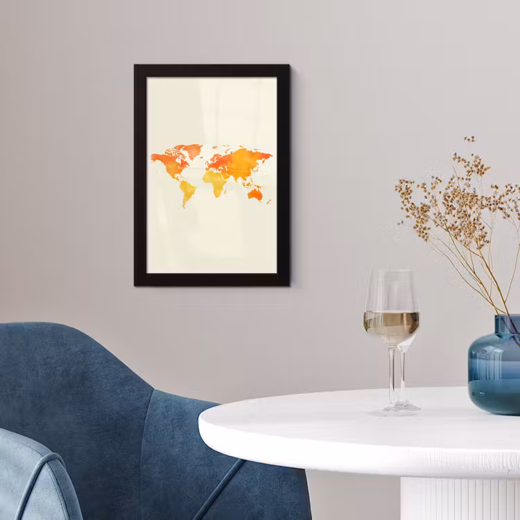 Wereldkaart - Oranje - Kleurrijk fotolijst zwart zonder passe partout klein -sfeer4