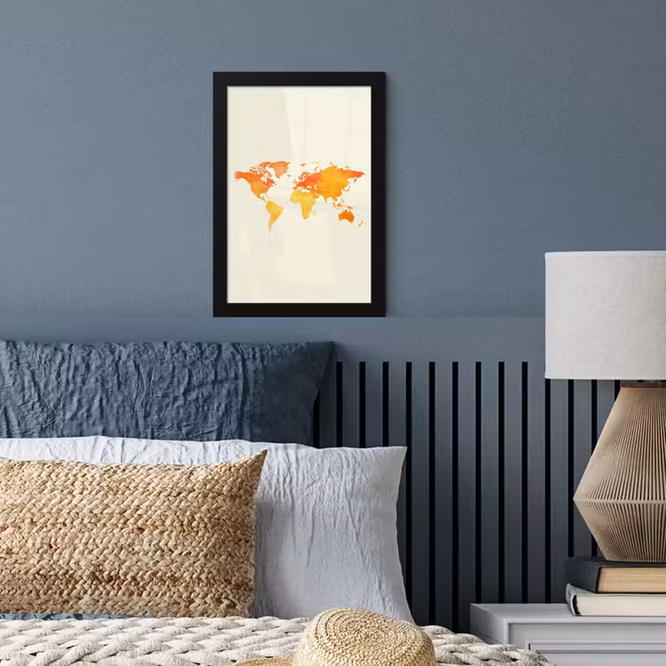Wereldkaart - Oranje - Kleurrijk fotolijst zwart zonder passe partout klein -sfeer3