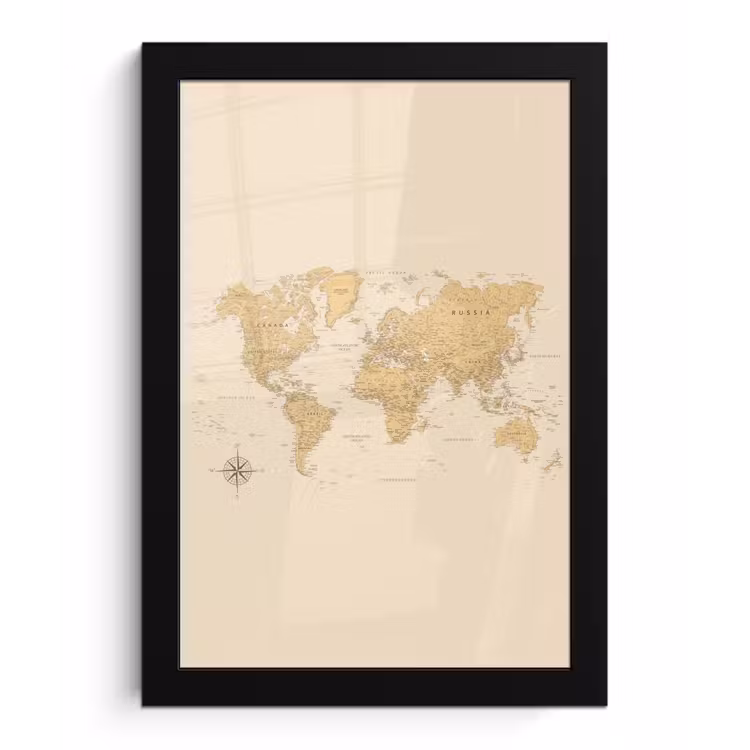 Wereldkaart - Realistisch - Beige fotolijst zwart zonder passe partout klein -3d