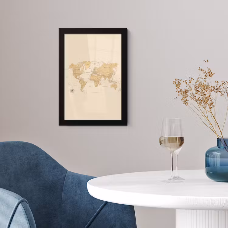 Wereldkaart - Realistisch - Beige fotolijst zwart zonder passe partout klein -sfeer4