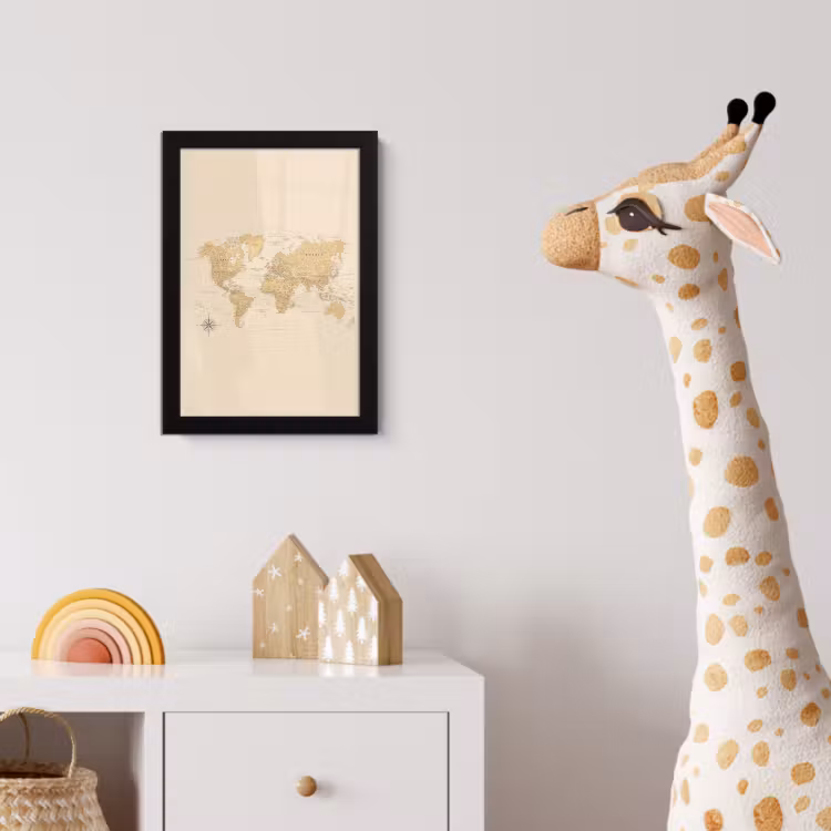 Wereldkaart - Realistisch - Beige fotolijst zwart zonder passe partout klein -usfeer4_kinderkamer